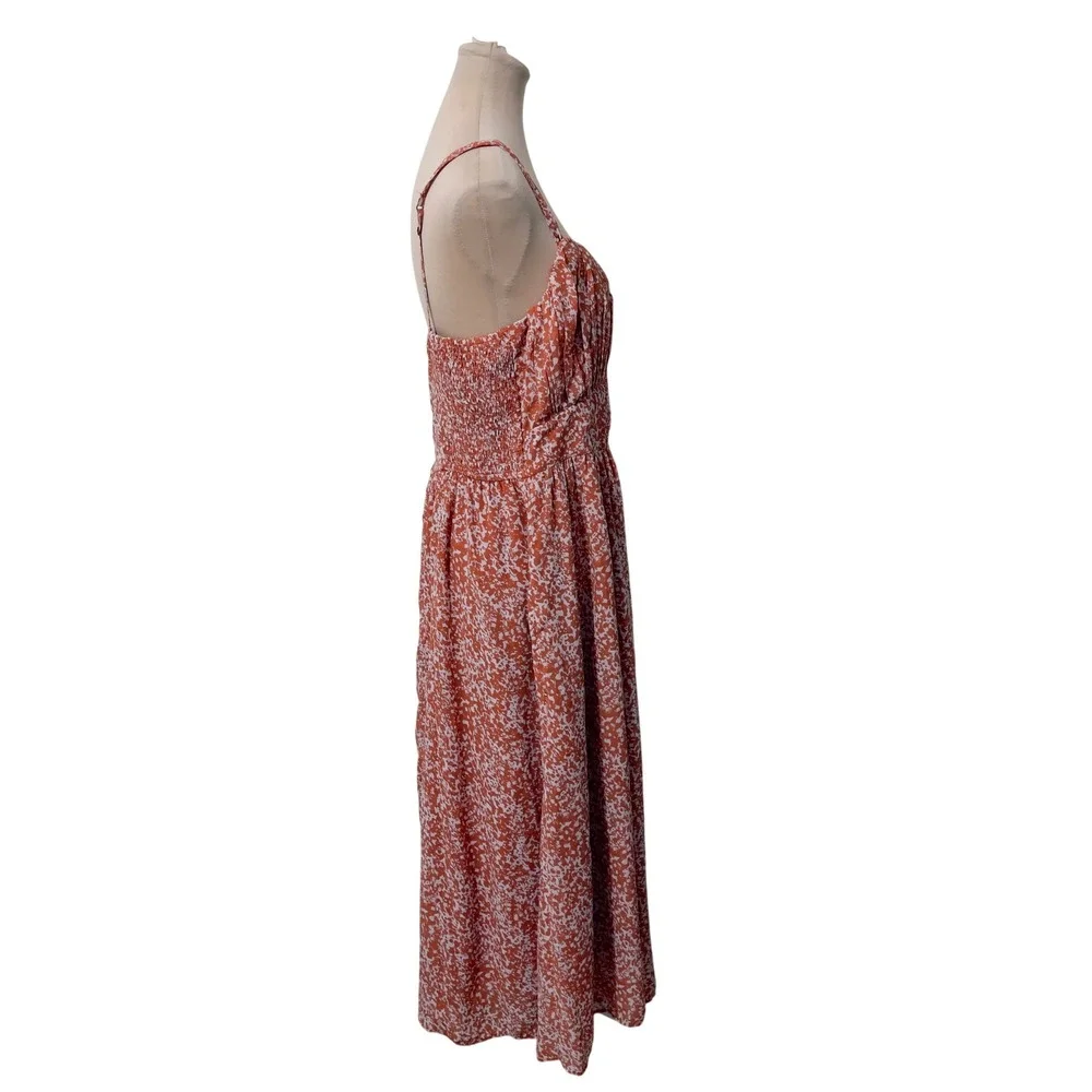 Abercrombie & Fitch Women Orange Floral Smocked Maxi Dress Large Side Slit Boho